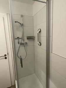 a shower with a glass door in a bathroom at Ferienwohnung Moin in Schönwalde am Bungsberg +16 photos