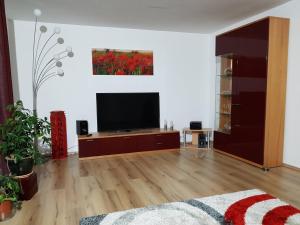 a living room with a flat screen tv on a cabinet at Ferienwohnung Eulenhof in Templin