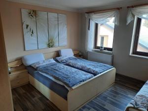 a bedroom with a bed with two chairs and two windows at Ferienwohnung Börner in Frauenstein