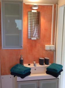 a bathroom with a sink with green towels on it at Traumwagen an der Mühle in Thalingburen +34 photos