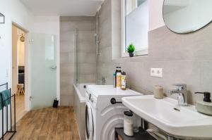 a bathroom with a sink and a washing machine at Mäxle's Loft Winzeln in Winzeln