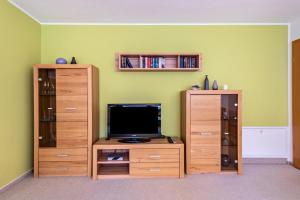 a living room with a tv and wooden entertainment centers at Ferienwohnung Matt in Todtmoos
