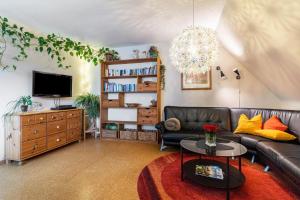 a living room with a leather couch and a tv at Haus Ursula in Ettenheim