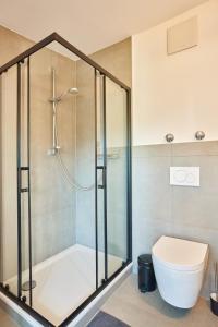 a bathroom with a shower and a toilet at Alte Seifensiederei - Lallaji in Bad Tölz
