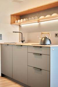 a kitchen counter with a tea kettle on it at Alte Seifensiederei - Lallaji in Bad Tölz