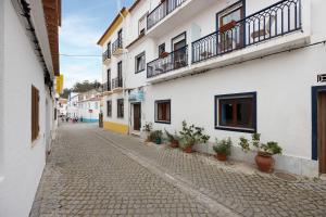 an alley with potted plants on the side of buildings at Apartment T2 Malveiro in Odeceixe