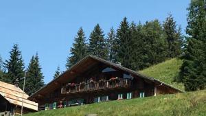 a house on a hill with people on a balcony at Chalet La Grangette in Abondance