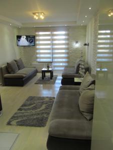 a living room with two couches and a table at Apartments Vanja i Vrh in Kopaonik