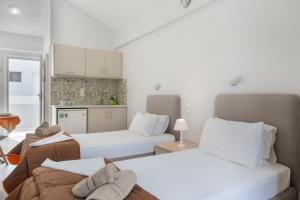 a hotel room with two beds and a kitchen at Ilias Voula Studios in Kalymnos +98 photos