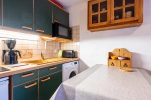 a kitchen with green cabinets and a washing machine at Appartement Résidence Ours Blanc in Les Houches