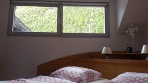 a bedroom with a window and a bed with a pillow at Haus Moselschleife in Bremm +10 photos