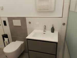 a bathroom with a white sink and a toilet at Ferienwohnung Schwendemann in Laichingen +10 photos