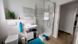 a bathroom with a glass shower and a sink at Ferienwohnung Strandliebe in Lubmin +11 photos