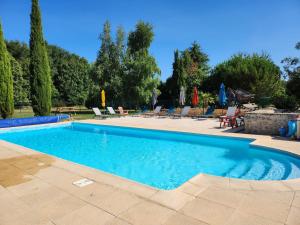 a swimming pool in a yard with chairs and umbrellas at Le Gite du Bois Renard in Lorigné