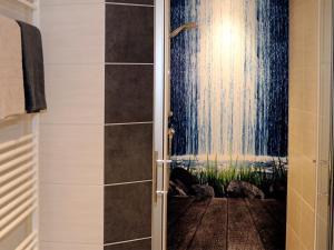 a shower door with a waterfall in a bathroom at Fewo Meisennest, 50 Qm in Saalhausen +10 photos