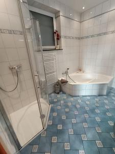 a bathroom with a shower and a tub and a tub at Ferienbauernhof - Ferienwohnung 6 in Grünow +6 photos