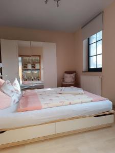 a bedroom with a large bed with a mirror at Ferienbauernhof - Ferienwohnung 6 in Grünow