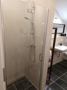 a shower with a glass door in a bathroom at Superior Apartment Waldblick in Westerheim +24 photos