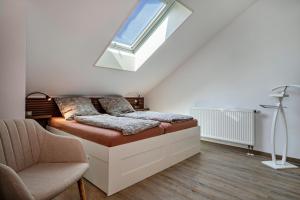 a bedroom with a bed with a skylight and a chair at Loft Schwenck in Kressbronn am Bodensee