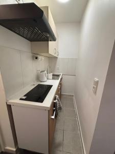 a white kitchen with a sink and a stove at Menzel Appartment W1 in Beckingen +8 photos