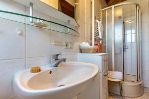 a white bathroom with a sink and a shower at Jorchenhof in Hofstetten +35 photos