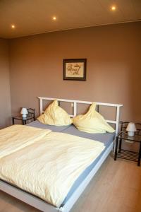 a bedroom with a white bed with two pillows at Ferienwohnung Maintalblick in Eltmann