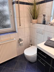 a bathroom with a toilet and a plant on the wall at Komfort-Apartment Mit Terrasse in Estenfeld +10 photos