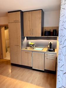 a kitchen with wooden cabinets and a sink at Komfort-Apartment Mit Terrasse in Estenfeld