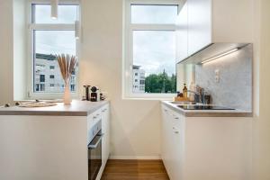 a white kitchen with a sink and a window at Sonnenblick Bregenz in Bregenz