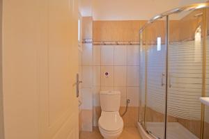 a bathroom with a toilet and a glass shower at Villa Pepy Studio 3 in Mesongi