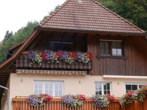 ein Haus mit Blumenkästen auf dem Balkon in der Unterkunft Ferienwohnung Eulennest in Wolfach