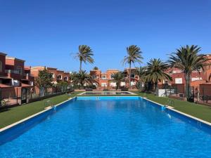 a large blue swimming pool with palm trees and buildings at Casa Angel A 3 in Corralejo