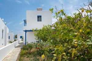 a white building with plants in front of it at Studios Ninemia Serifos 3 in Livadi +14 photos