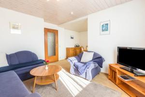 a living room with a blue couch and a tv at Ferienwohnung zum Seeblick in Öhningen