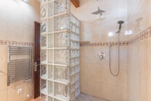 a shower with a glass block wall in a bathroom at Cas Pobres in Sóller +17 photos