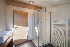 a glass shower in a bathroom with a sink at Ferienwohnung Edelweiss in Pfelders +29 photos