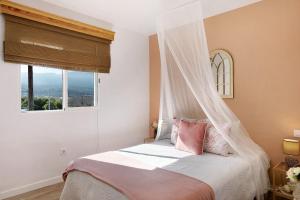 a bedroom with a canopy bed with pink pillows at Villa Tino- Casa M in Los Llanos de Aridane +16 photos