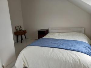 a bedroom with a bed with a blue and white blanket at Townhouse in Castleisland