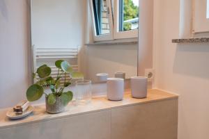 a counter with a mirror and a plant on it at Anubis relaxed&stay in Hamburg