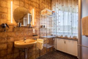 a bathroom with a sink and a mirror at Ferienwohnung Camilla Wagner in Amtzell +14 photos