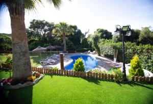 a garden with a swimming pool and a palm tree at Villa Giovanni in Barbate