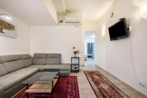 a living room with a couch and a tv on a wall at Aldars Urban Loft Suite No.8 in Munich