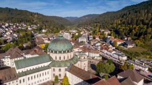 an aerial view of a town with a building at Ferienwohnung Andreas in St. Blasien
