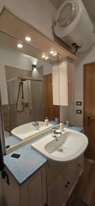 a bathroom with a sink and a large mirror at La Locanda dei Nonni in Pozza di Fassa