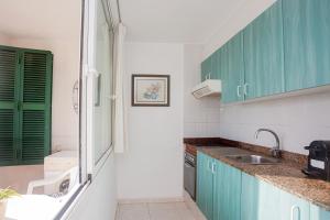 a kitchen with green cabinets and a sink at Apartamento Cala en Forcat 34 in Cala en Blanes