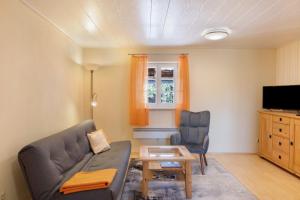 a living room with a couch and a table at Ferienwohnung im alten Vierseithof in Friedewald