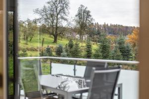 a table and chairs on a balcony with a view of trees at Tanne in Ravensburg