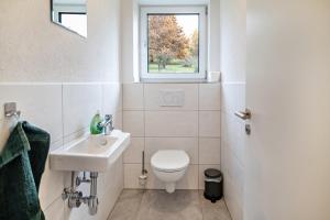 a bathroom with a toilet and a sink and a window at Tanne in Ravensburg +16 photos