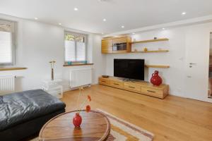 a living room with a couch and a flat screen tv at am Hochrhein Desko in Gailingen