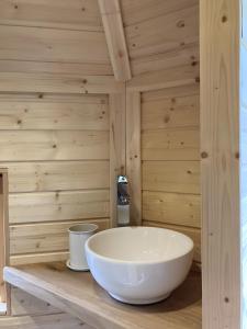a bathroom with a large white bowl on a wooden counter at Le Kota Du Paradou in Givet